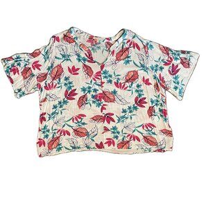 WOMAN WITHIN Womens Top Blouse PLUS 2X Short Sleeve PINK BLUE FLORAL PRINT 1072A